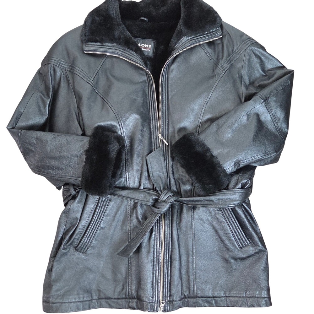Wilsons Leather Jacket Women's L Black Genuine Leather Faux Fur Lined Belted